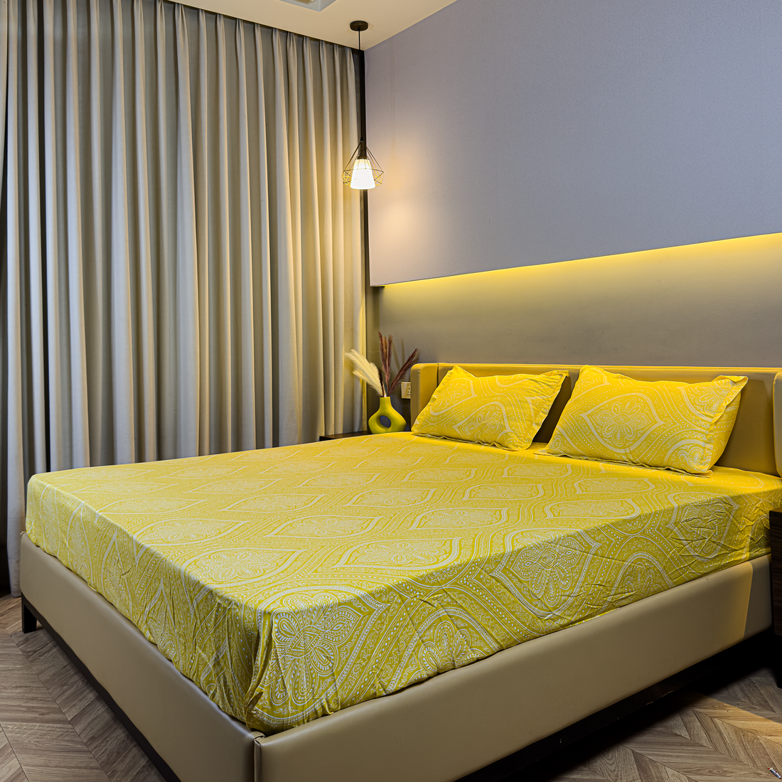 Tanabana by HOL – 100% Organic Cotton Bedsheet with 2 Pillow Covers | King | Yellow | 250 TC